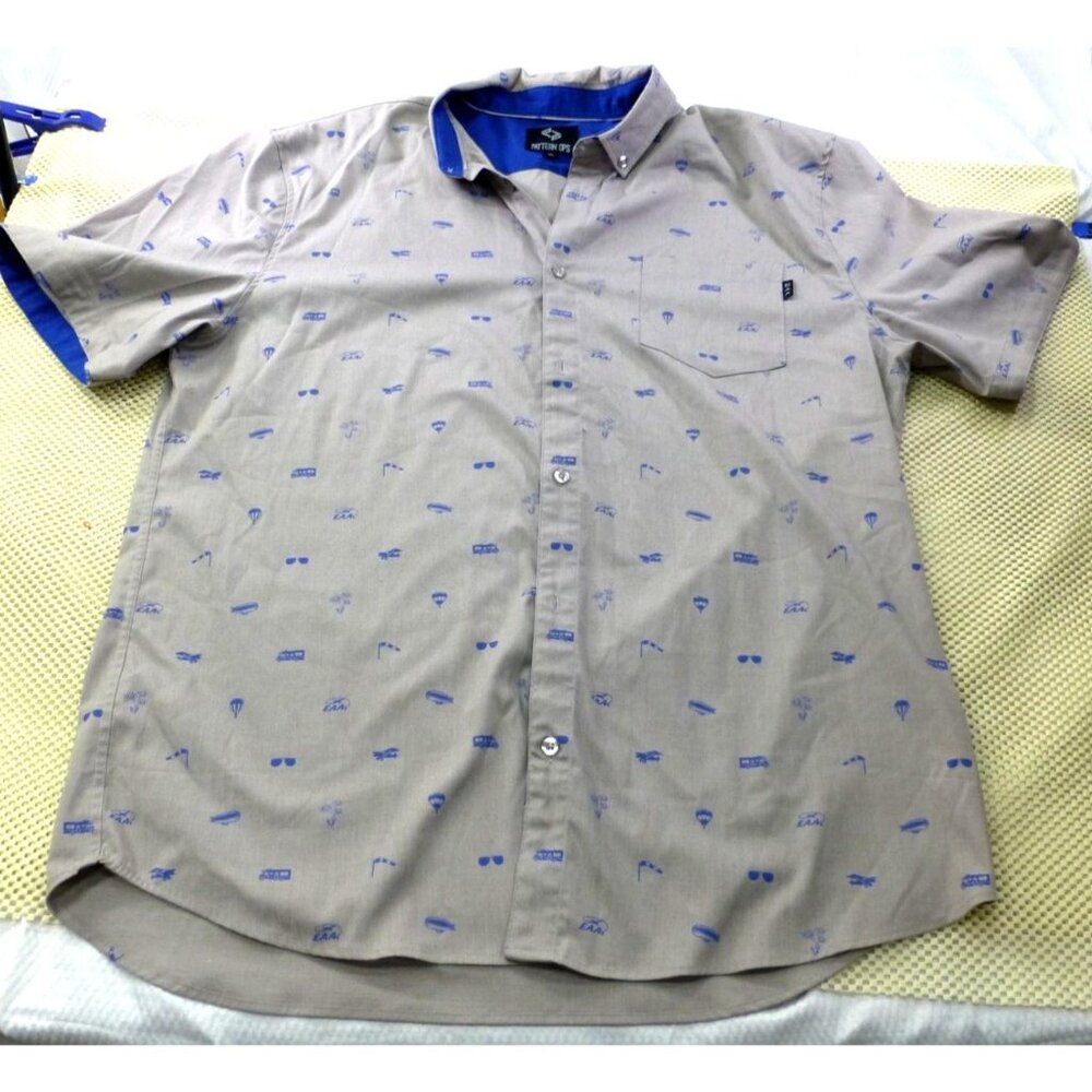 Pattern Ops Mens XL Button-Up Shirt All Over Aviation-Themed Graphics Gray & Blu